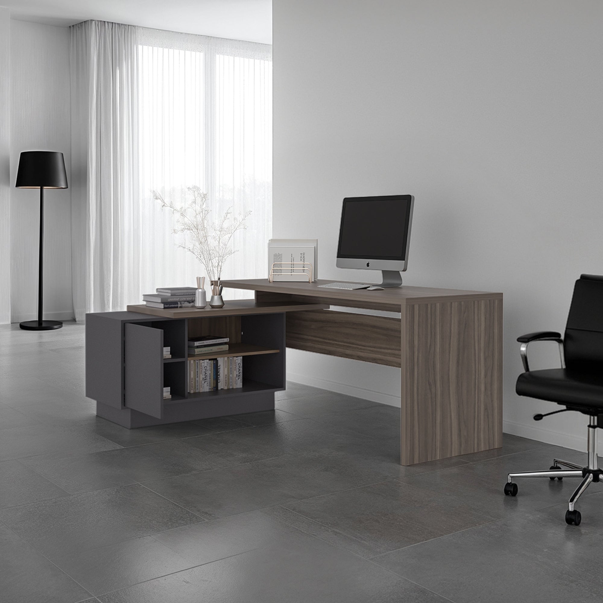 ESCRITORIO EN L 1 PUERTA OFFICE 71,2X179X125,7 CM AVELLANA Y PLOMO - 6