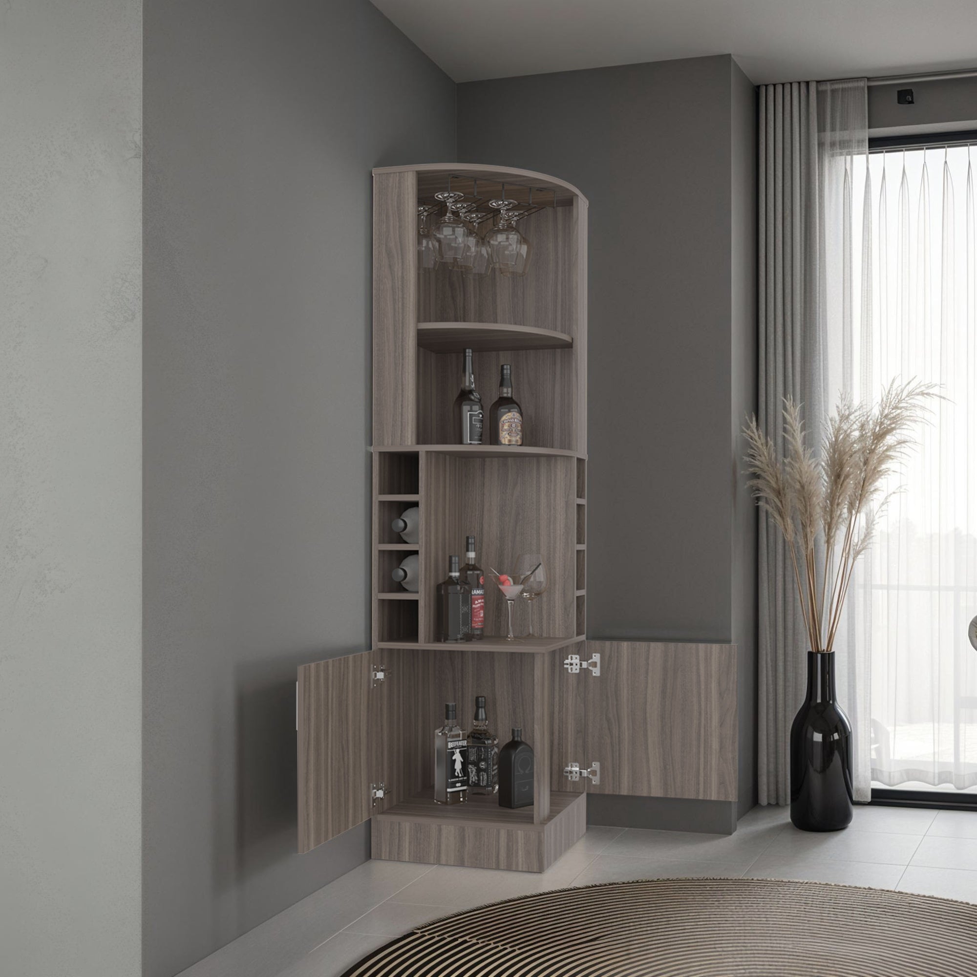 BAR ESQUINERO 2 PUERTAS 8 BOTELLEROS Y PORTACOPAS SYRAH CARTAGENA 180,6X46,9X46,9 CM - 6