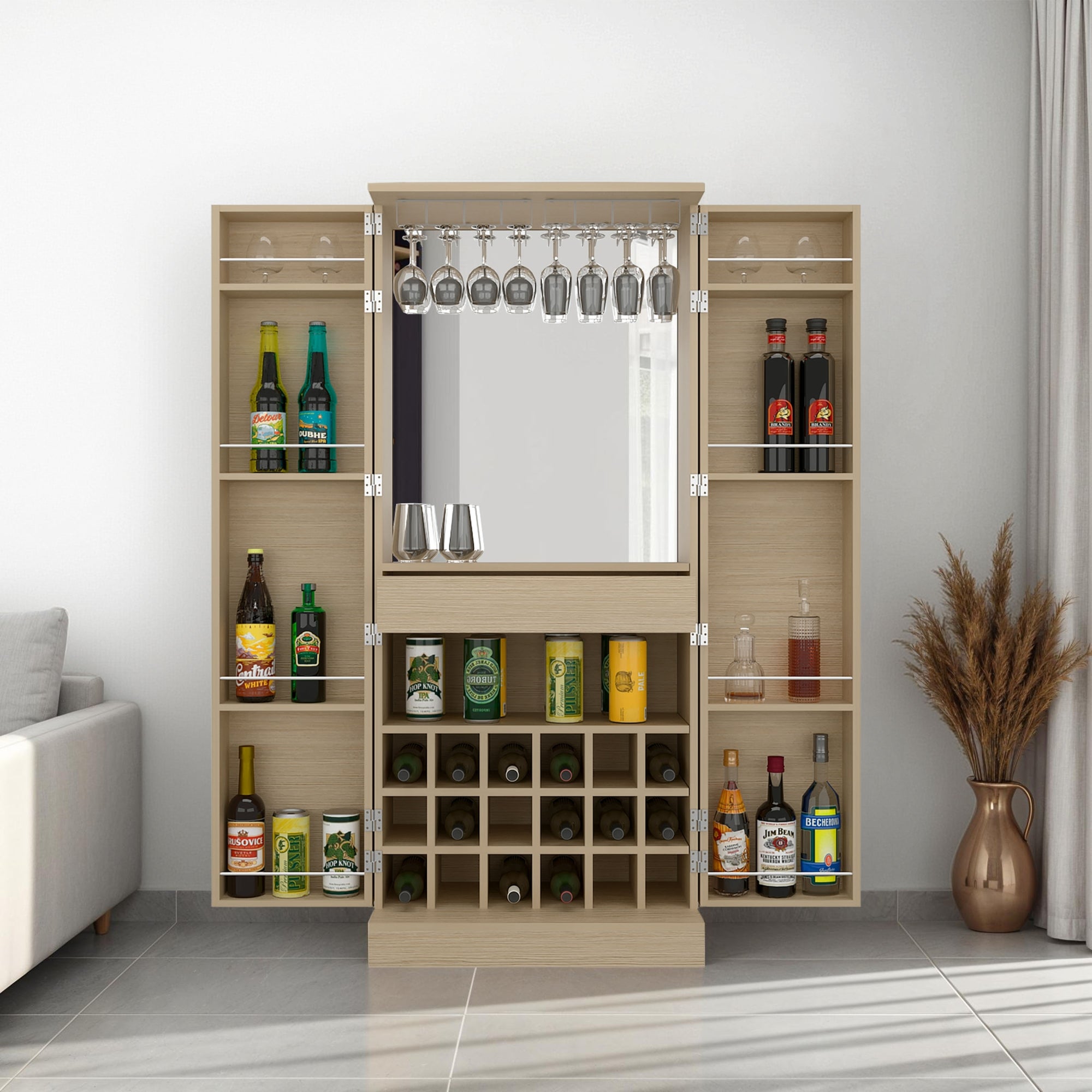 BAR ALTO 2P 1 CAJON ESPEJO INTERIOR 18 BOTELLEROS Y PORTACOPAS MALBEC CARTAGENA - 5