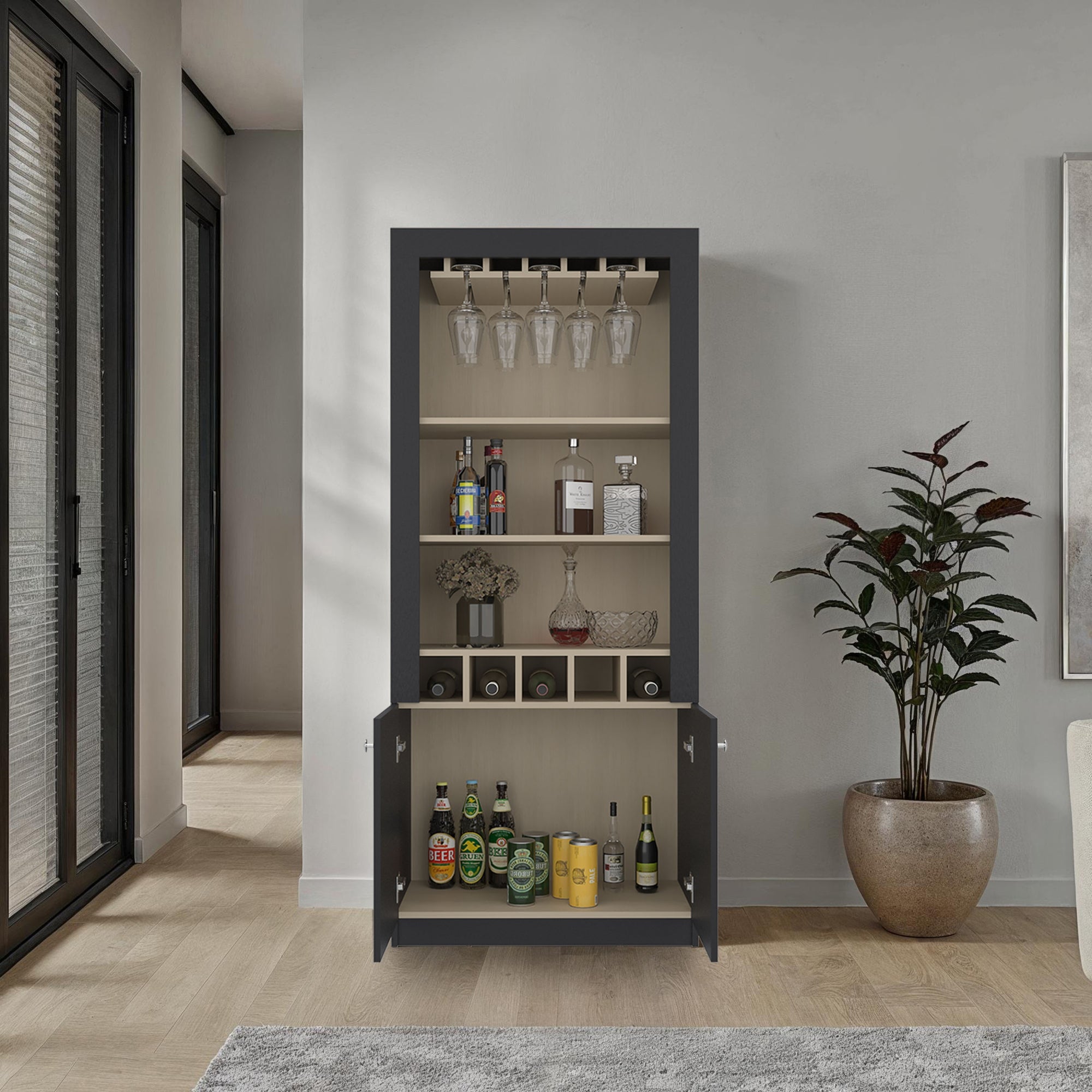 BAR ALTO 2 PUERTAS 5 BOTELLEROS Y PORTACOPAS BELLAGIO WENGUE Y CARTAGENA 175X75X36,5 CM - 6
