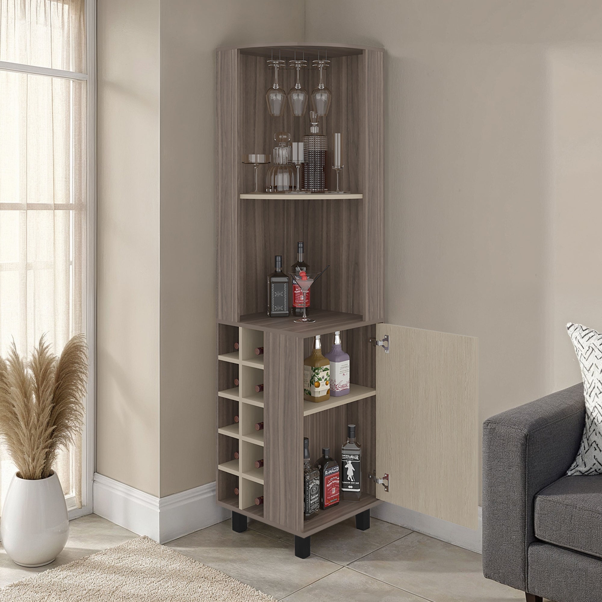 BAR ESQUINERO 1 PUERTA 10 BOTELLEROS Y PORTACOPAS KAIA AVELLANA Y CARTAGENA 180X45X45 CM - 6