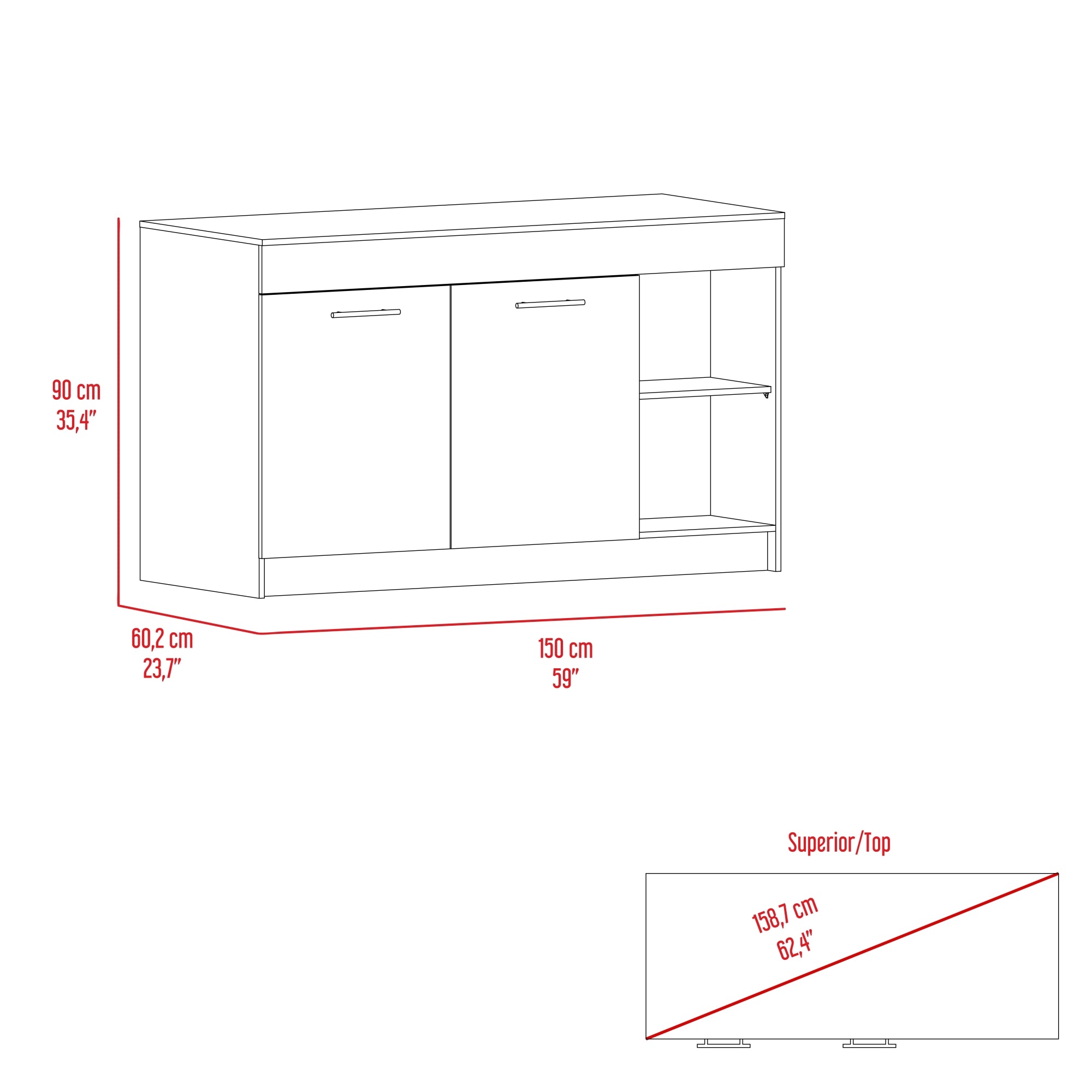 BARRA AUXILIAR DE COCINA 2 PUERTAS LUNA FRESNO Y WENGUE 90X150X60,2 CM - 7