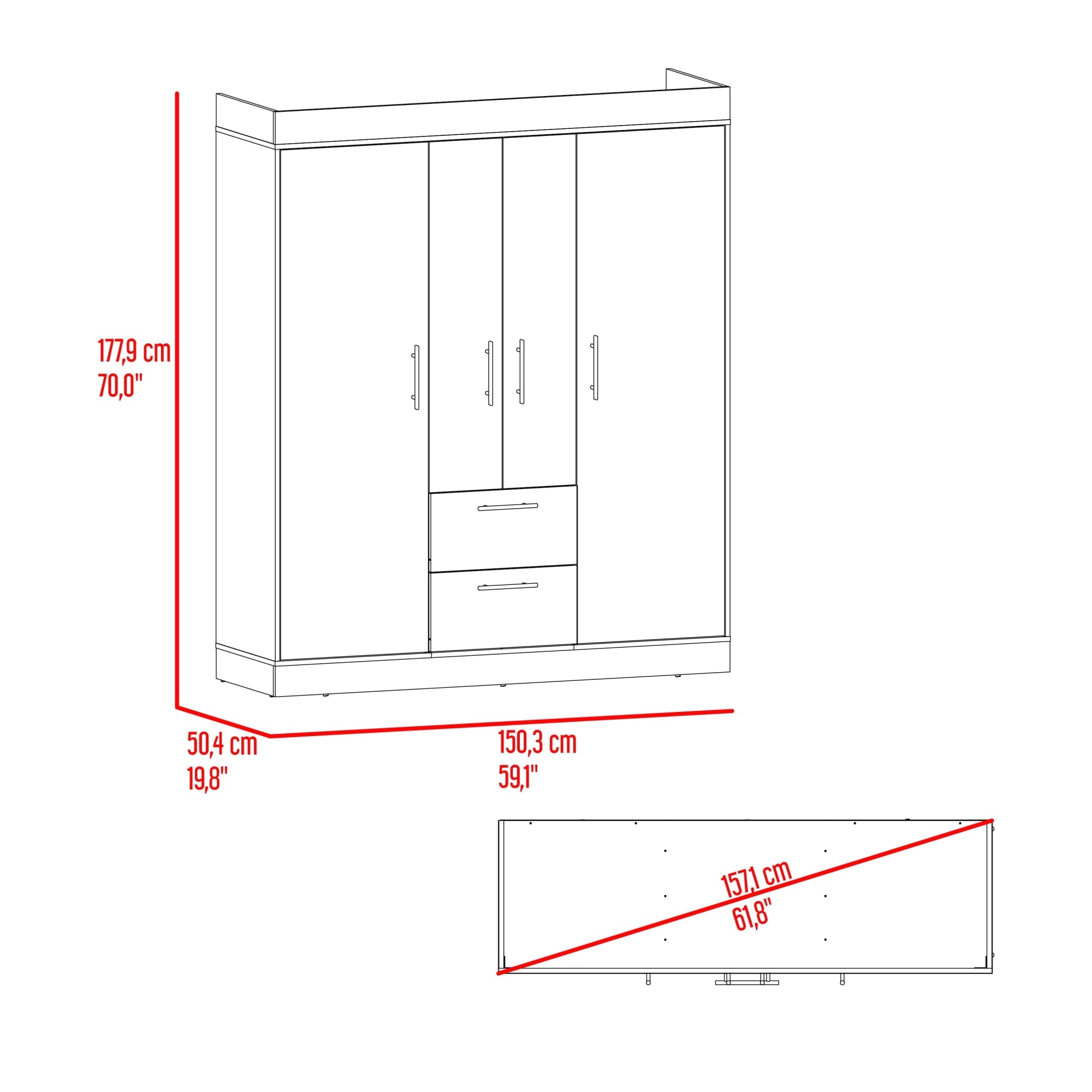 CLOSET 4 PUERTAS 2 CAJONES 150 VM CARTAGENA Y WENGUE 177,9X150,3X50,4 CM - 7