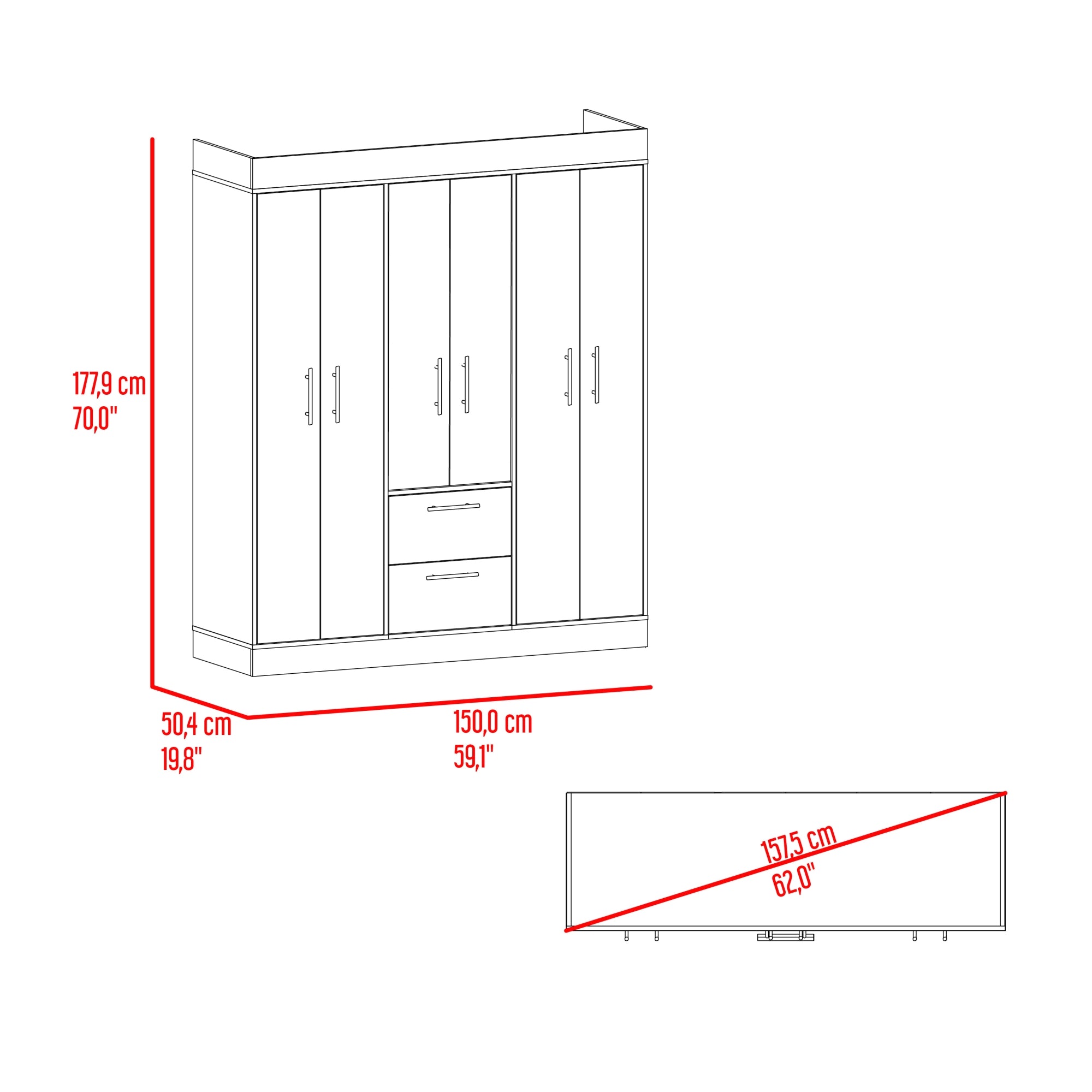 CLOSET 4 PUERTAS 2 CAJONES 150 VM CARTAGENA Y WENGUE 177,9X150,3X50,4 CM - 7