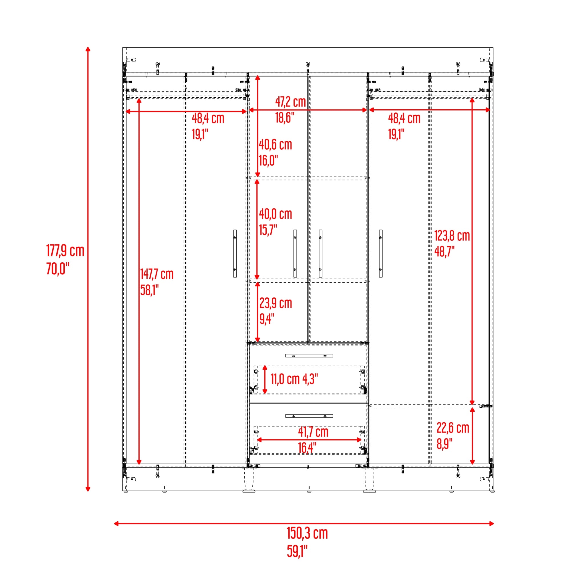 CLOSET 4 PUERTAS 2 CAJONES 150 VM CARTAGENA Y WENGUE 177,9X150,3X50,4 CM - 8