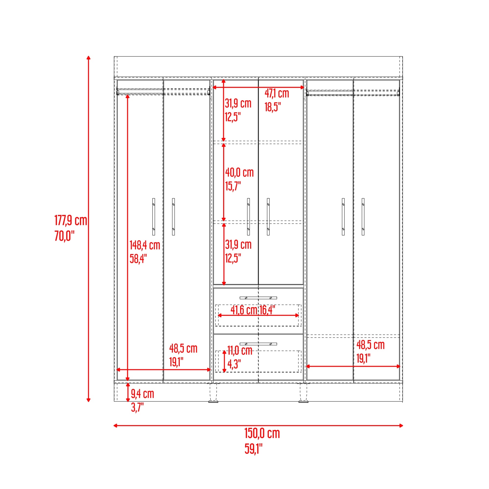 CLOSET 4 PUERTAS 2 CAJONES 150 VM CARTAGENA Y WENGUE 177,9X150,3X50,4 CM - 8