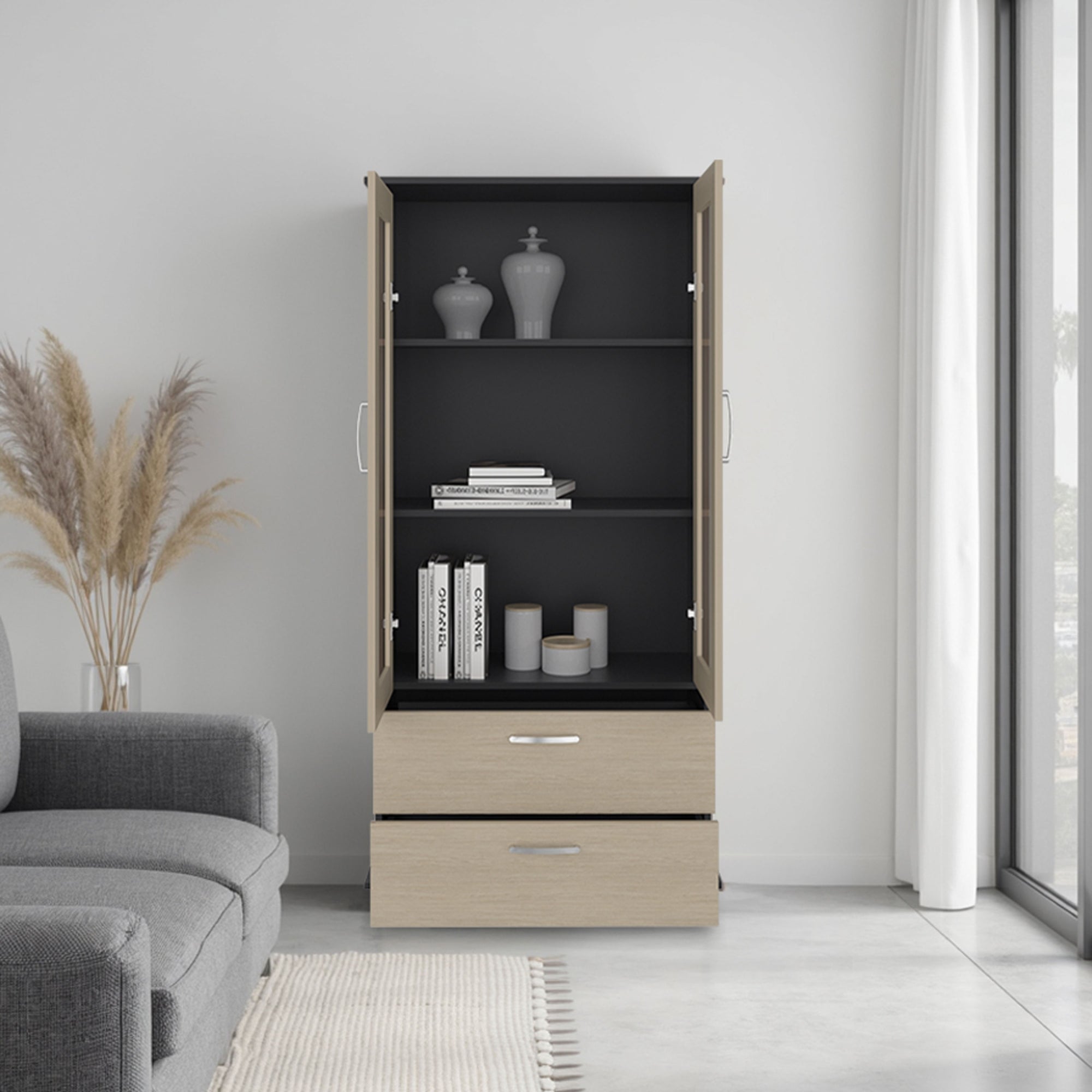 VITRINA 2 PUERTAS 2 CAJONES CLASSIC COLOR AVELLANA Y CARTAGENA 164,8X80X35,3 CM - 6