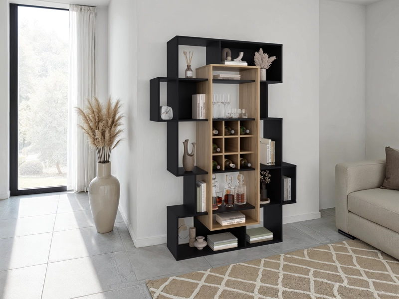BAR BIBLIOTECA SIMBA CON CAVA 9 VINOS 180,1X128,0X38,0 CM WENGUE Y FRESNO - 1