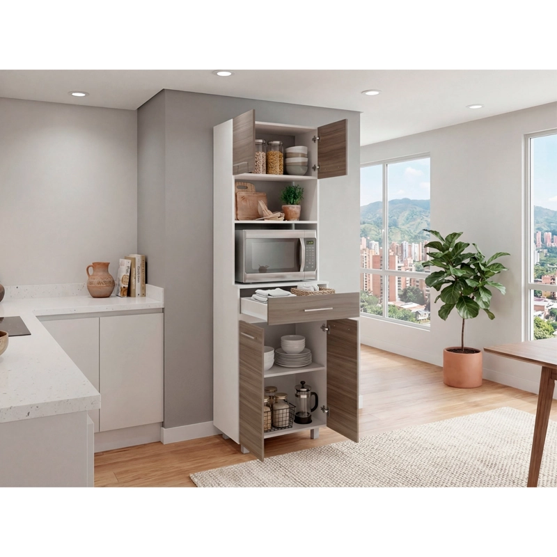 MUEBLE MICROONDAS ALTO 4 PUERTAS 1 CAJON LUNA AVELLANA Y BLANCO 201X62X40,8 CM - 2