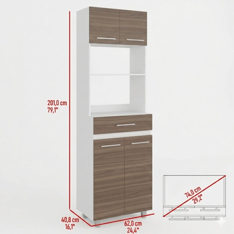 MUEBLE MICROONDAS ALTO 4 PUERTAS 1 CAJON LUNA AVELLANA Y BLANCO 201X62X40,8 CM - 7