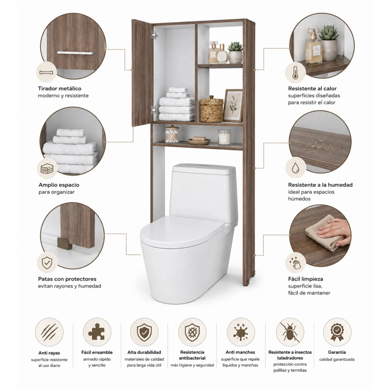 ESTANTE WC BATH-26 1 PUERTA 160X63,1X26,5 CM AVELLANA Y BLANCO - 9