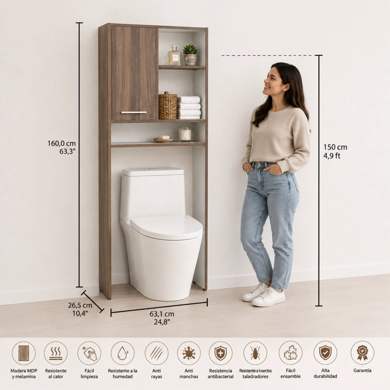 ESTANTE WC BATH-26 1 PUERTA 160X63,1X26,5 CM AVELLANA Y BLANCO - 10