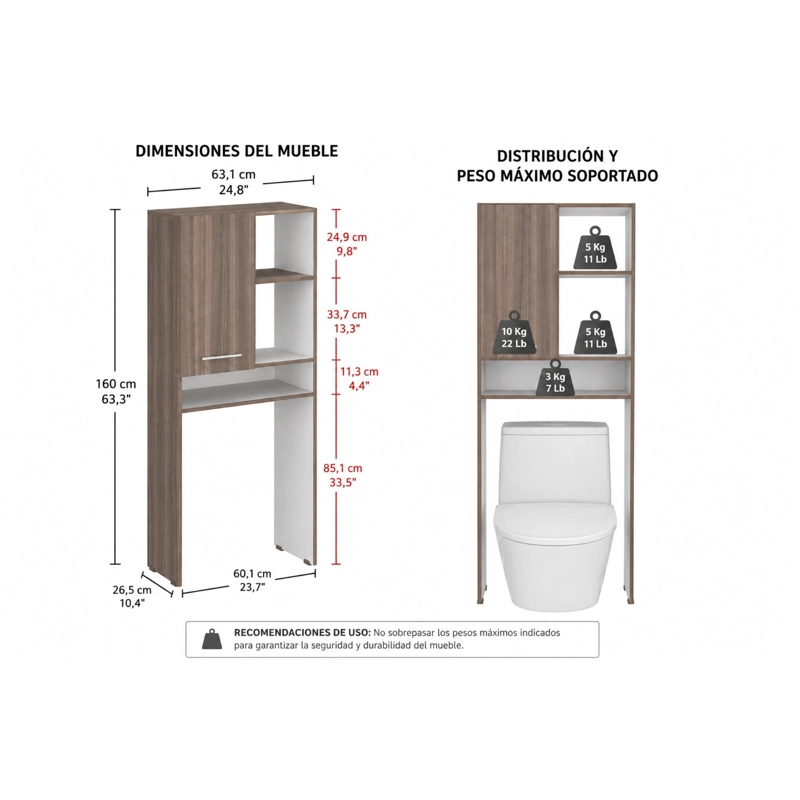 ESTANTE WC BATH-26 1 PUERTA 160X63,1X26,5 CM AVELLANA Y BLANCO - 6
