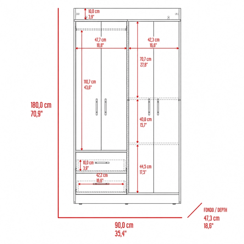 CLOSET 4 PUERTAS 2 CAJONES HOUSTON 180X90X47,3 CM CARTAGENA Y WENGUE - 8