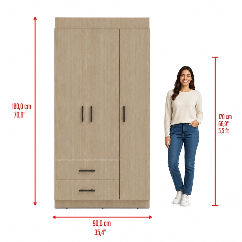 CLOSET 3 PUERTAS 2 CAJONES HOUSTON 180X90X47,3 CM CARTAGENA Y WENGUE - 8