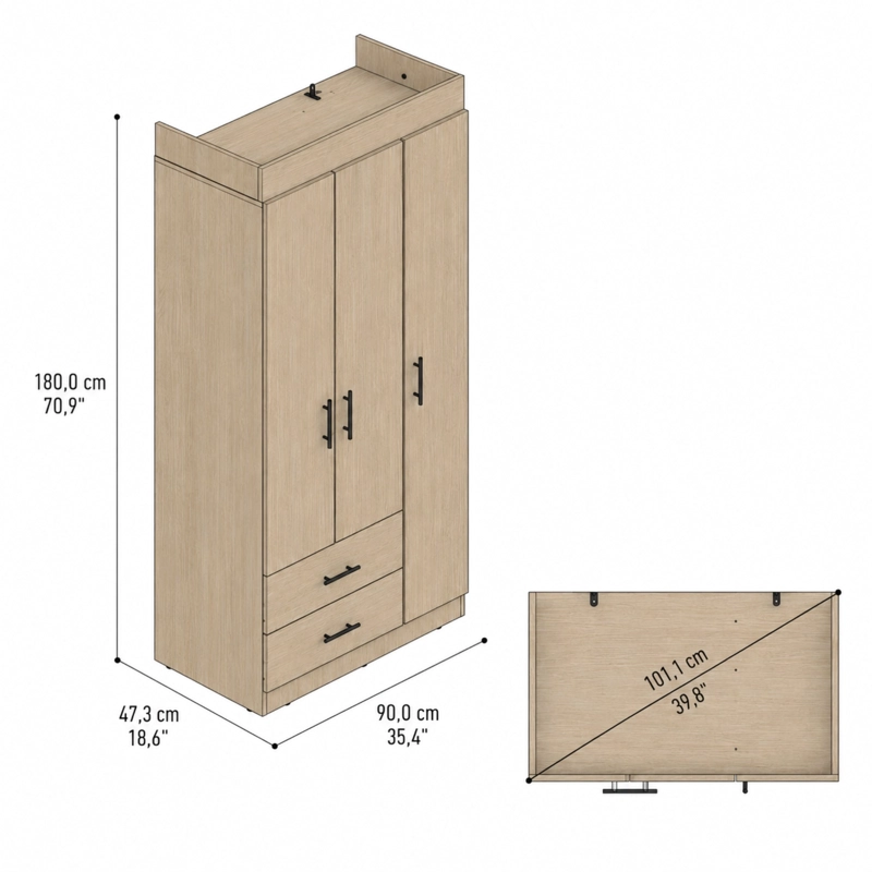 CLOSET 3 PUERTAS 2 CAJONES HOUSTON 180X90X47,3 CM CARTAGENA Y WENGUE - 6