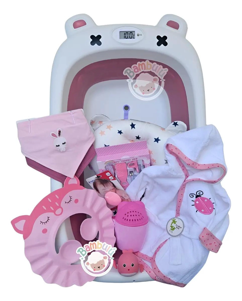 BAÑERA PLEGABLE ROSADA + TERMOMETRO + ACCESORIOS BEBE  BAÑO - 1