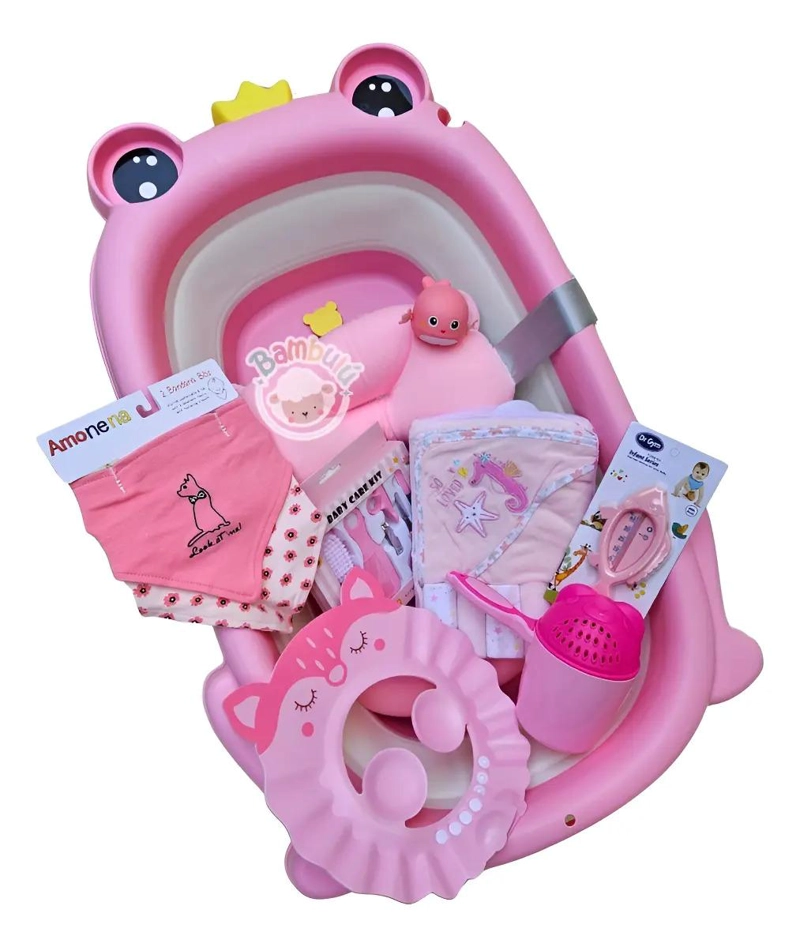 BAÑERA PLEGABLE ROSA BAÑO DE BEBE + ACCESORIOS - 1