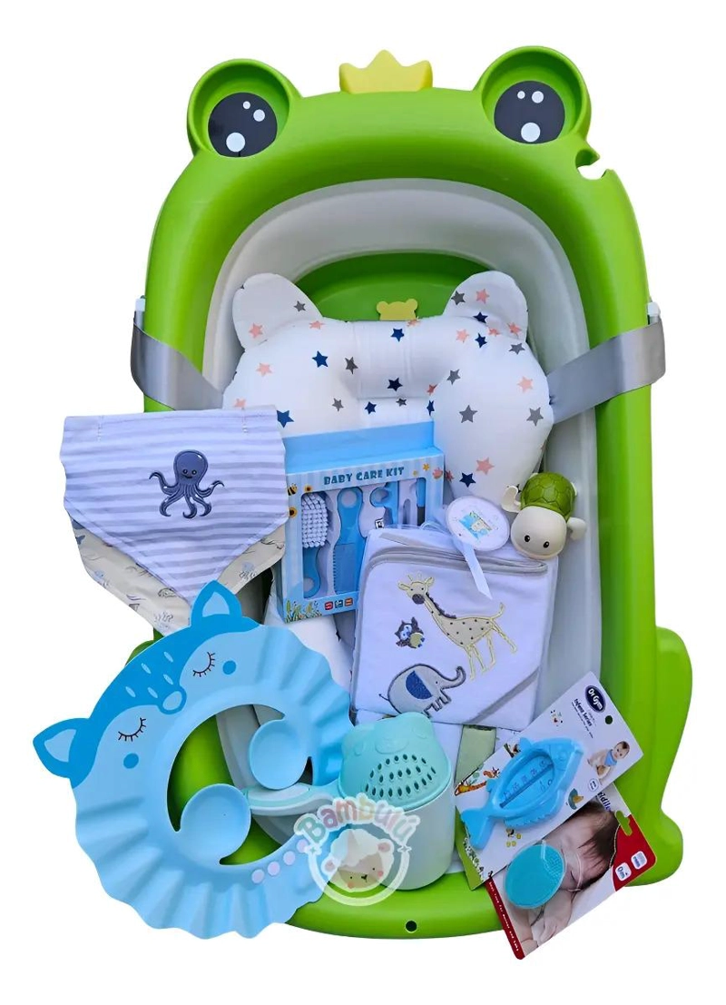 BAÑERA PLEGABLE VERDE BAÑO DE BEBE + ACCESORIOS - 1