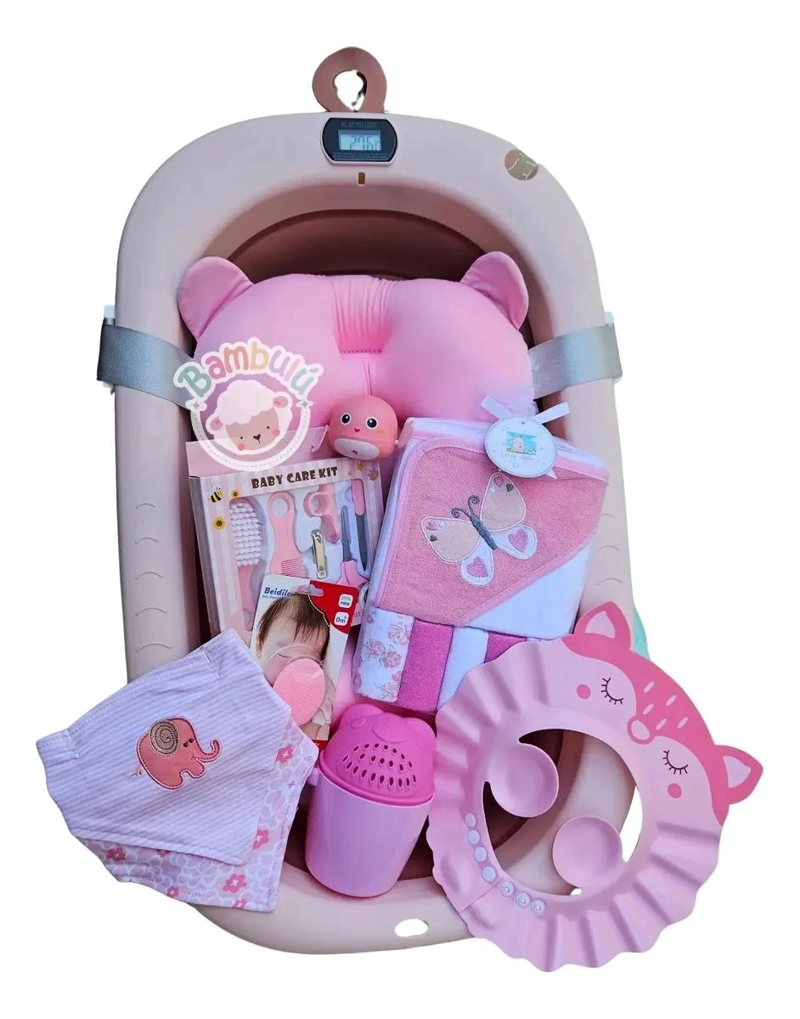 BAÑERA PLEGABLE ROSA BEBE CON TERMOMETRO + ACCESORIOS - 1