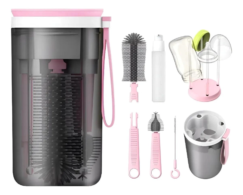 SET DE LIMPIEZA ROSA PORTATIL PARA MAMADERAS BIBERONES - 1