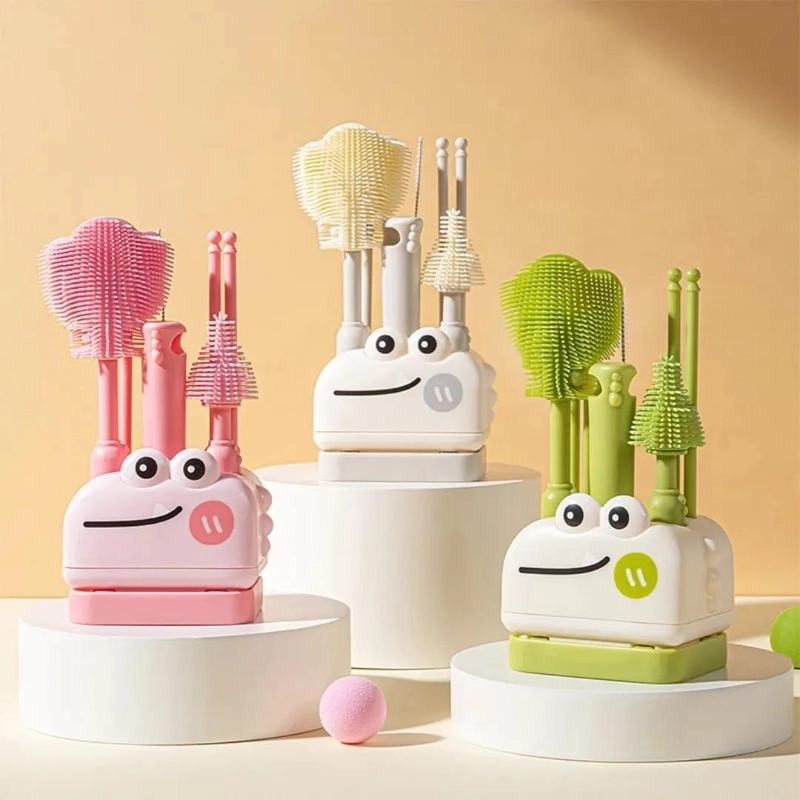 SET DE CEPILLOS ROSA PARA MAMADERA SILICONA CON ESCURRIDOR BEBE - 2