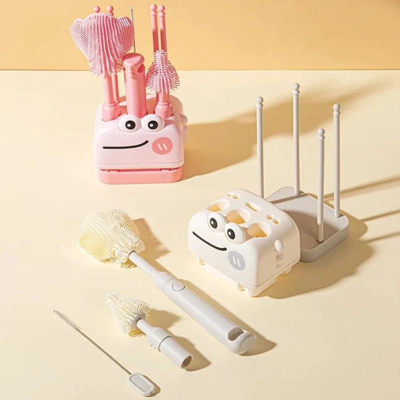 SET DE CEPILLOS ROSA PARA MAMADERA SILICONA CON ESCURRIDOR BEBE - 3