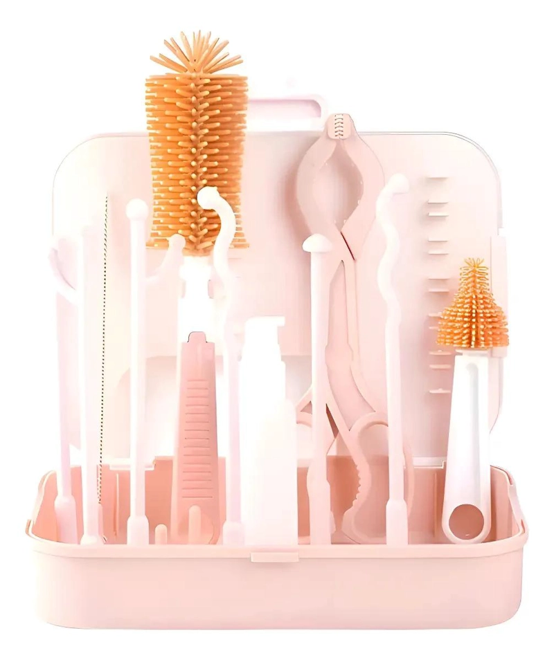 SET DE LIMPIEZA ROSA CEPILLOS PORTATIL PARA MAMADERAS BIBERONES - 1