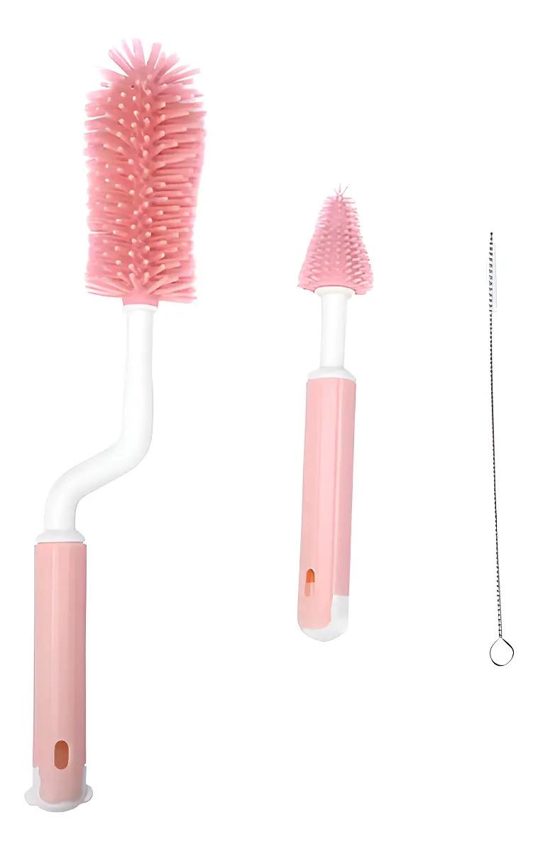 KIT DE CEPILLOS ROSA LIMPIA MAMADERA 3 PIEZAS, SILICONA BEBE - 1