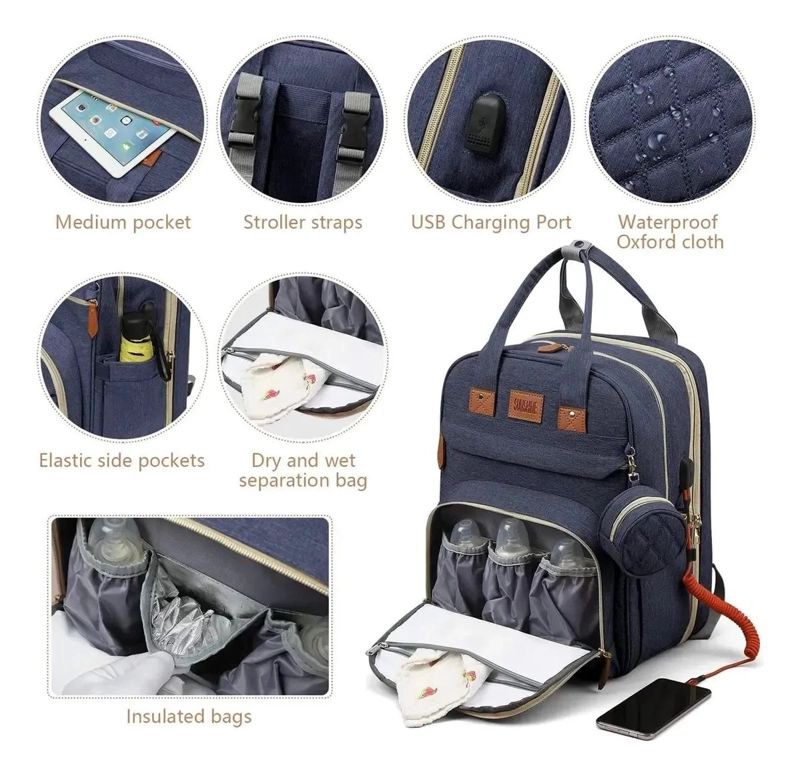 MOCHILA MATERNAL 3 EN 1, CUNA PLEGABLE PORTATIL MUDADOR BEBE - 8