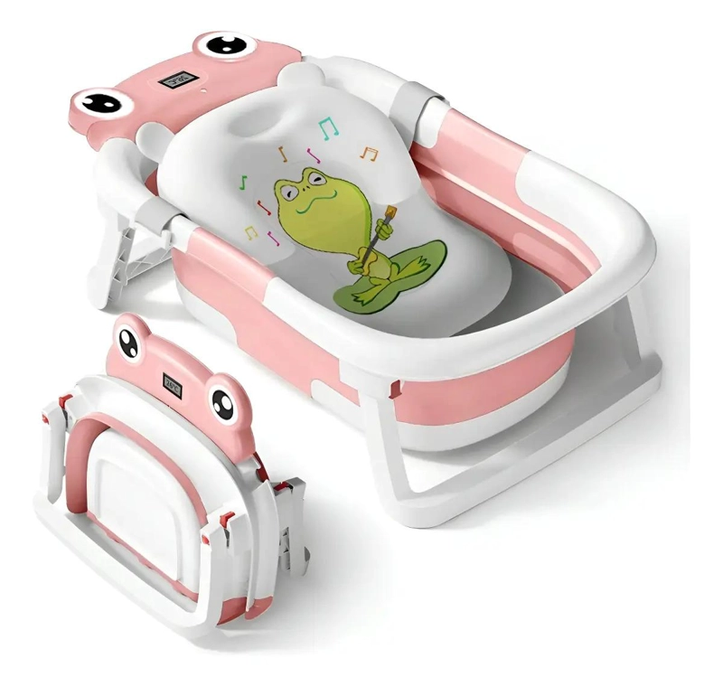 BAÑERA PLEGABLE ROSA BEBE + COJIN + TERMOMETRO, RANITA GAV - 1