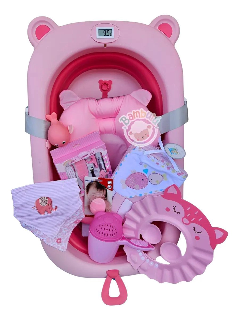 BAÑERA PLEGABLE ROSA CON TERMOMETRO + ACCESORIOS BEBE - 1