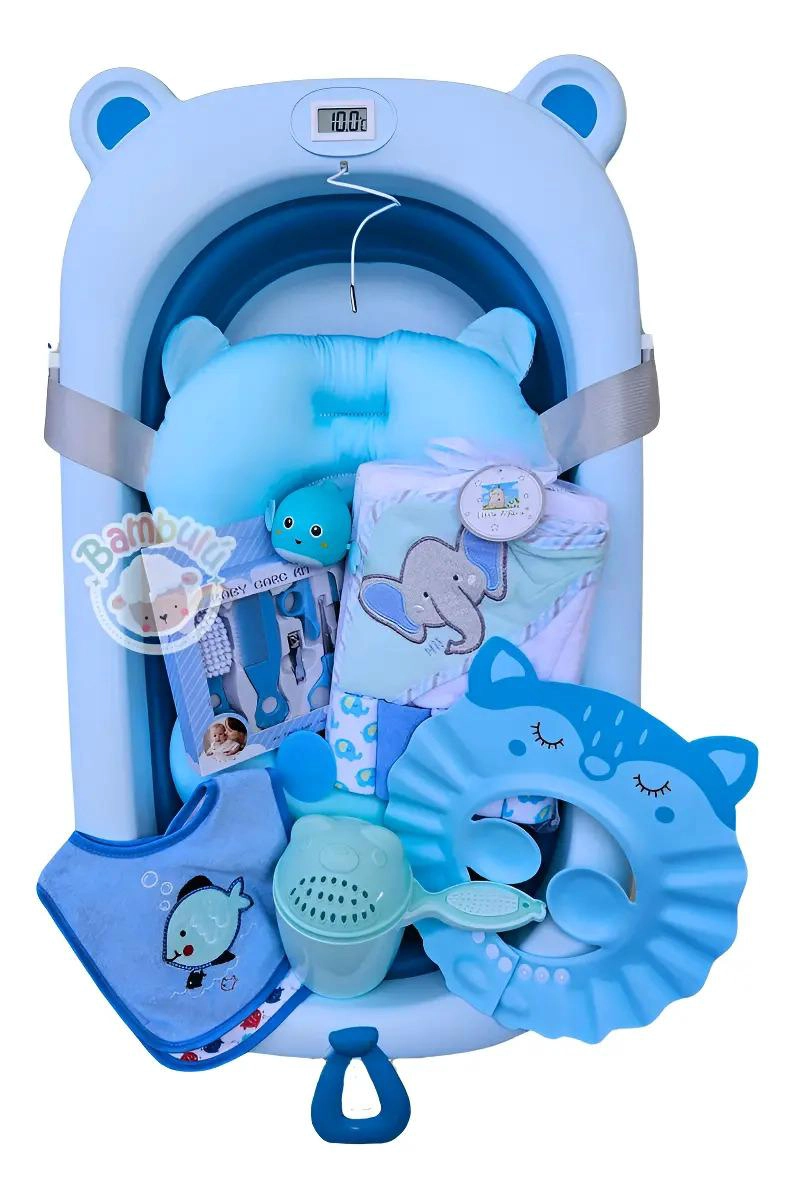BAÑERA PLEGABLE CELESTE CON TERMOMETRO + ACCESORIOS BEBE - 1