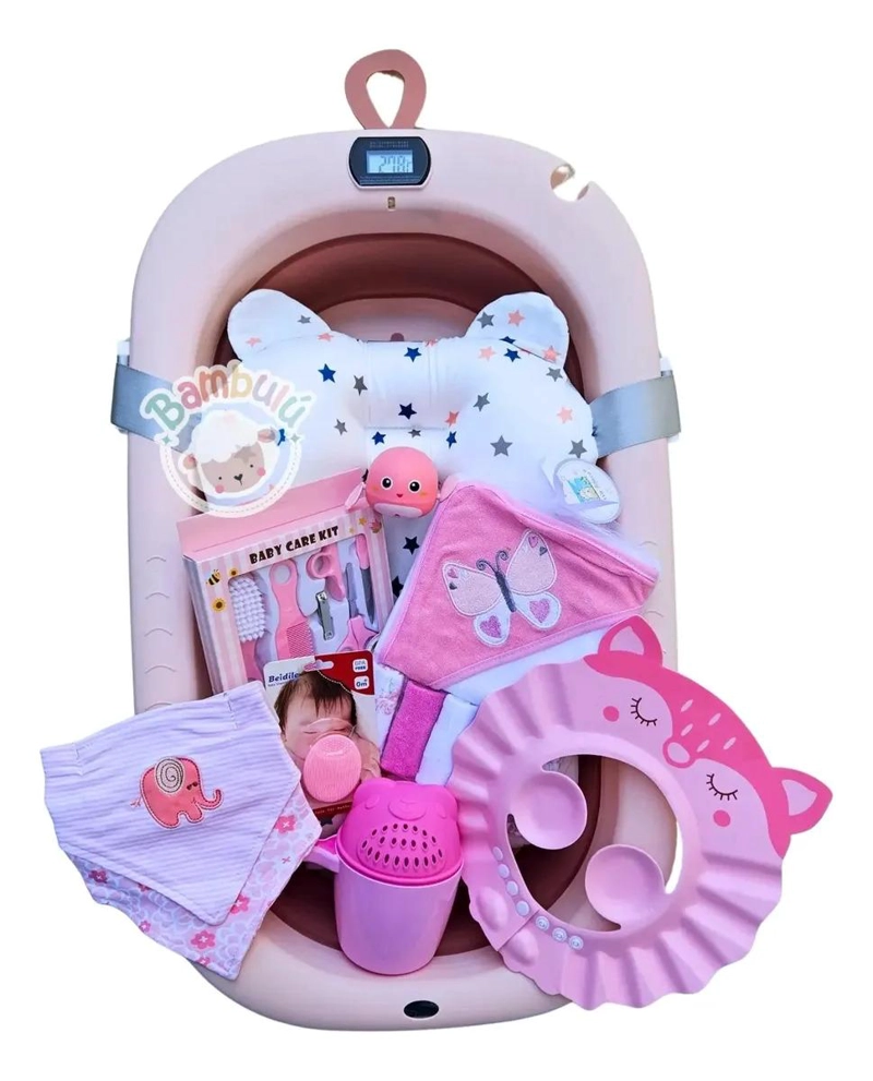 BAÑERA PLEGABLE ROSADO BEBE CON TERMOMETRO + ACCESORIOS - 1