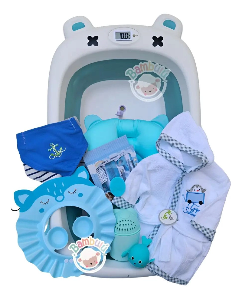 BAÑERA PLEGABLE AZUL+ TERMOMETRO + ACCESORIOS BEBE  BAÑO - 1