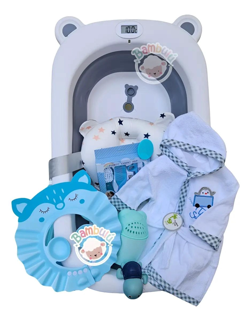 BAÑERA PLEGABLE GRIS + TERMOMETRO + ACCESORIOS BEBE  BAÑO - 1