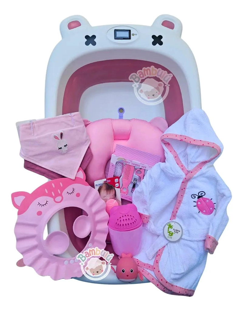 BAÑERA PLEGABLE ROSA + TERMOMETRO + ACCESORIOS BEBE  BAÑO - 1