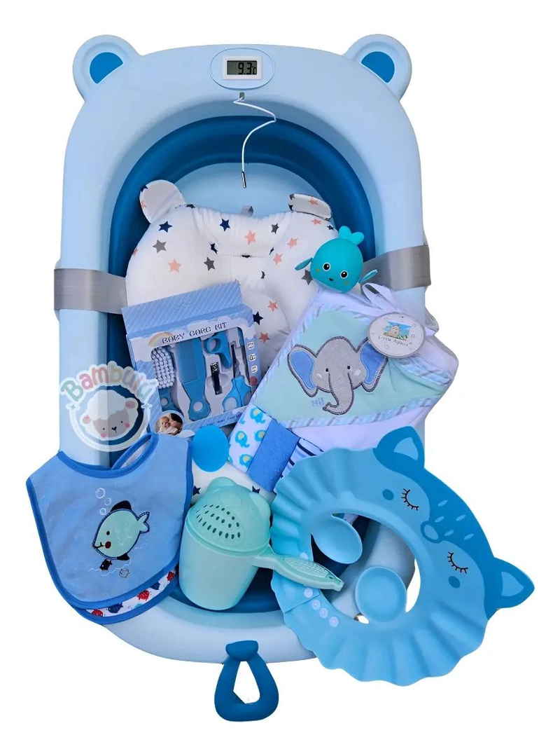 BAÑERA PLEGABLE AZUL CON TERMOMETRO + ACCESORIOS BEBE - 1