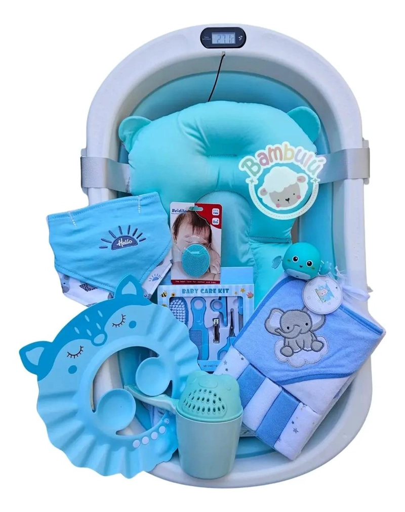 BAÑERA PLEGABLE AZUL BEBE CON TERMOMETRO + ACCESORIOS - 1