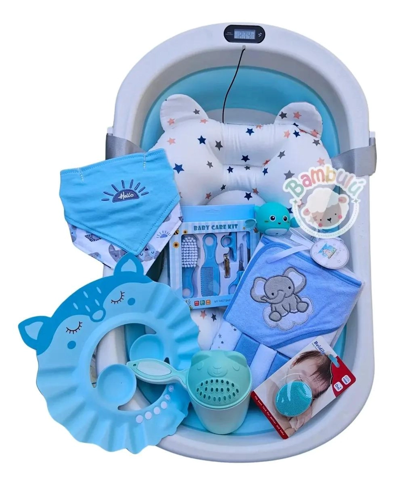 BAÑERA PLEGABLE CELESTE BEBE CON TERMOMETRO + ACCESORIOS - 1