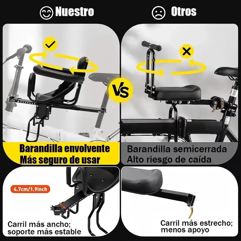 SILLA FRONTAL DE BICICLETA PARA NIÑOS Y BEBES - 30KG NEGRO - 3