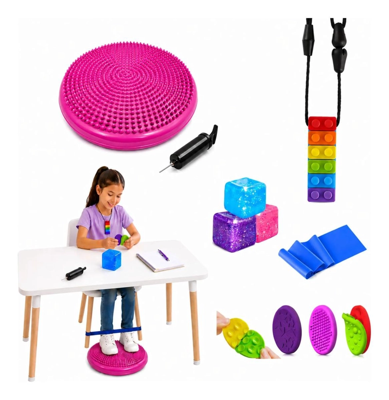 KIT SENSORIAL FUCSIA, COJIN, CUBO, MORDEDOR, REGULACION AUTISMO - 1