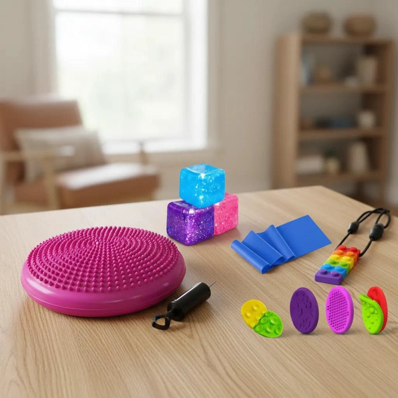 KIT SENSORIAL FUCSIA, COJIN, CUBO, MORDEDOR, REGULACION AUTISMO - 9