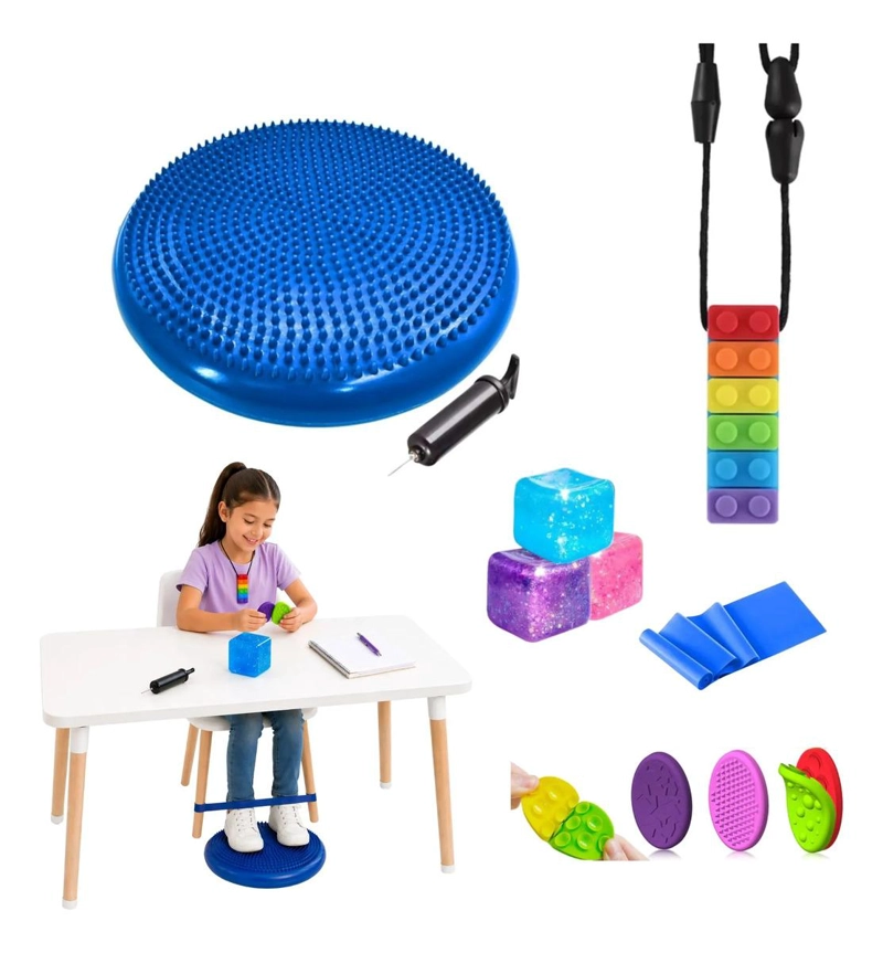 KIT SENSORIAL AZUL, COJIN, CUBO, MORDEDOR, REGULACION AUTISMO - 1