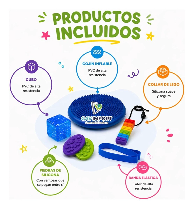 KIT SENSORIAL AZUL, COJIN, CUBO, MORDEDOR, REGULACION AUTISMO - 2