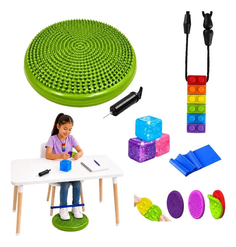 KIT SENSORIAL VERDE, COJIN, CUBO, MORDEDOR, REGULACION AUTISMO - 1