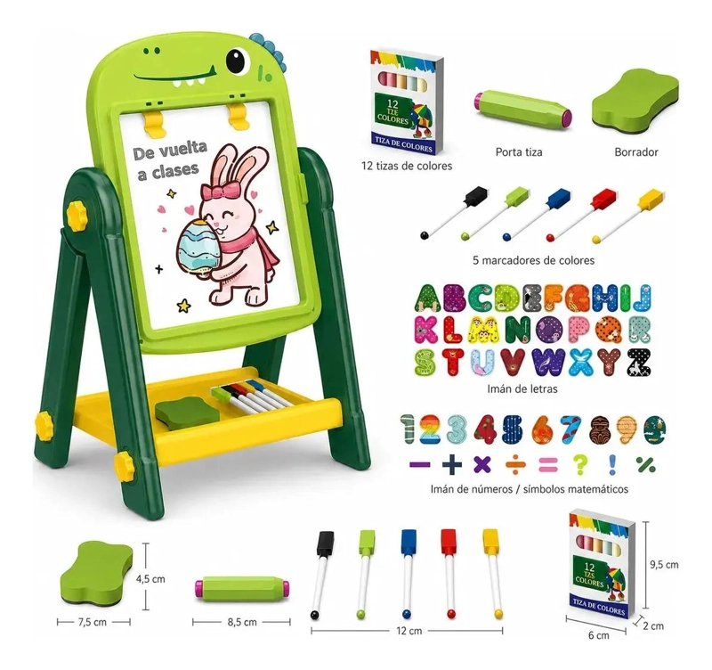 PIZARRA ATRIL INFANTIL DISEÑO DINOSAURIO CON TIZAS Y BORRADO - 2