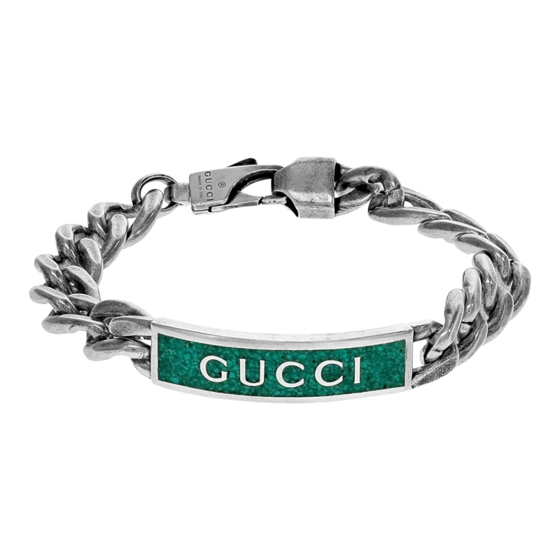 PULSERA BRAZALETE GUCCI UNISEX GREEN ENAMEL PLATA TALLA 19 - 1