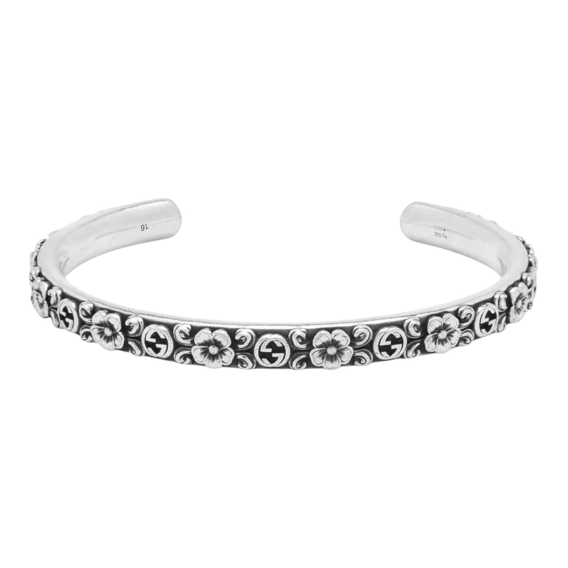 PULSERA BRAZALETE GUCCI UNISEX FLORAL PLATA TALLA 17 - 1