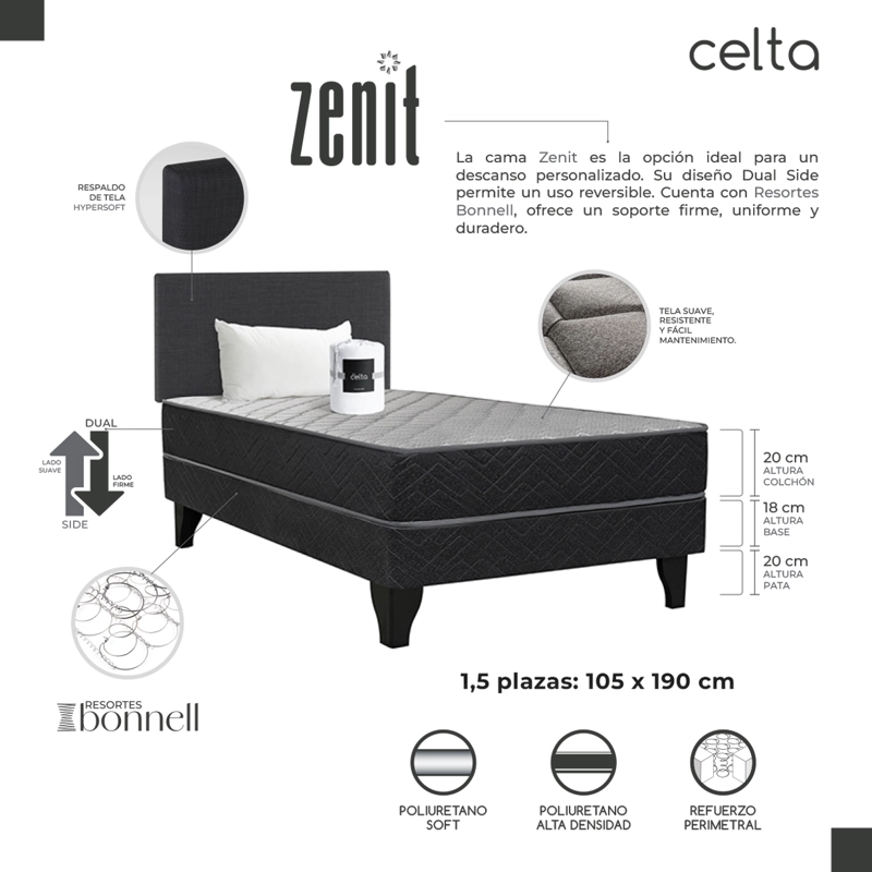 CAMA EUROPEA ZENIT 1,5 PLAZAS + RESPALDO + SABANAS + ALMOHADA 50 X 70 CM - 11